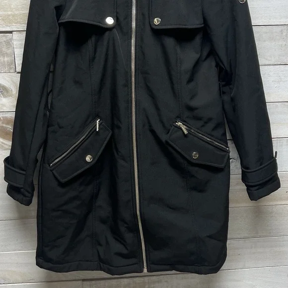 Michael Kors Trench Coat Womens Small Black Hooded Full Zip MK Logo Lined - Picture 3 of 15